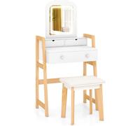 CostwayEnsemble de Coiffeuse avec Miroir Éclairé et Tabouret Table de Maquillage avec Lumières LED 3 Couleurs Tiroirs Pieds en Bois de Pin Blanc