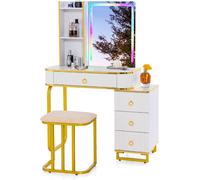 CostwayEnsemble de Coiffeuse avec Miroir Lumières et 4 Tiroirs 7 Lumières LED RVB Dynamiques et 7 Statiques à Intensité Variable pour Chambre Blanc