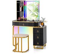 CostwayEnsemble de Coiffeuse avec Miroir Lumières et 4 Tiroirs 7 Lumières LED RVB Dynamiques et 7 Statiques à Intensité Variable pour Chambre Noir