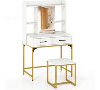 CostwayEnsemble de Coiffeuse avec Miroir & Station de Charge Tiroirs Étagères Ouvertes et Armoire à Miroir pour Chambre à Coucher Blanc