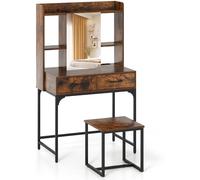 CostwayEnsemble de Coiffeuse avec Miroir Table de Maquillage avec Station de Charge Tiroirs Étagères Ouvertes et Armoire à Miroir Café