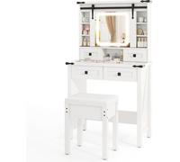 CostwayEnsemble de Coiffeuse et Tabouret avec Lumières et Miroir Coulissant Lumières LED à Intensité Variable à 3 Couleurs Blanc