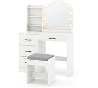 CostwayEnsemble de Coiffeuse et Tabouret Coiffeuse avec Miroir et Lumières Station de Charge Lumières LED Réglables à 3 Couleurs 4 Tiroirs Blanc