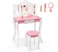 CostwayEnsemble de Coiffeuse et Tabouret pour Enfants de 3 à 7 Ans avec Miroir Acrylique Pliable en 3 Parties Tiroir et Accessoires Blanc