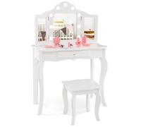 CostwayEnsemble de Coiffeuse et Tabouret pour Enfants Maquillage 2 en 1 avec Miroir Pliant en Verre Véritable et Tiroir Ensemble de Coiffeuse Blanc