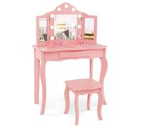 CostwayEnsemble de Coiffeuse et Tabouret pour Enfants Maquillage 2 en 1 avec Miroir Pliant en Verre Véritable et Tiroir Ensemble de Coiffeuse Rose