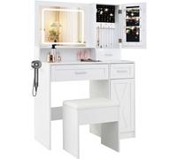 CostwayEnsemble de Coiffeuse et Tabouret Table de Maquillage avec Miroir LED à 3 Couleurs Station de Charge pour Femme Fille Blanc