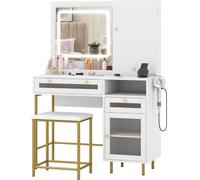 CostwayEnsemble de Coiffeuse et Tabouret Table de Maquillage avec Miroir LED à 3 Couleurs Station de Charge Armoire à Bijoux et Tiroirs Blanc