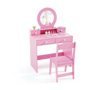 CostwayEnsemble de Coiffeuse pour Enfants avec Miroir Coiffeuse et Chaise avec Miroir Etagère Ouverte et 4 Tiroirs de Rangement pour 3+ Ans Rose