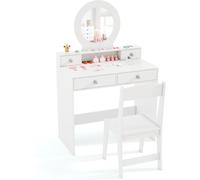 CostwayEnsemble de Coiffeuse pour Enfants avec Miroir Coiffeuse et Chaise avec Miroir Etagère Ouverte et 4 Tiroirs de Rangement pour 3+ Ans Blanc