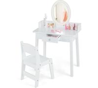 CostwayEnsemble de Coiffeuse pour Enfants avec Miroir Éclairé Coiffeuse de Maquillage avec Chaise Éclairage Led Bicolore Organisateur de Blanc