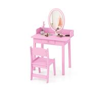 CostwayEnsemble de Coiffeuse pour Enfants avec Miroir Éclairé Coiffeuse de Maquillage avec Chaise Éclairage Led Bicolore Organisateur de Rose