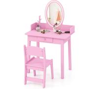 CostwayEnsemble de Coiffeuse pour Enfants avec Miroir Éclairé Coiffeuse de Maquillage avec Chaise Éclairage Led Bicolore Organisateur de Rose