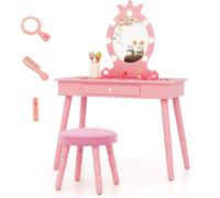 CostwayEnsemble de Coiffeuse pour Enfants avec Miroir Eclairé Ensemble de Table et Tabouret avec Luminosité Réglable pour 3-7 Ans Rose