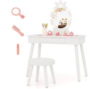 CostwayEnsemble de Coiffeuse pour Enfants avec Miroir Eclairé Ensemble de Table et Tabouret avec Luminosité Réglable pour 3-7 Ans Blanc
