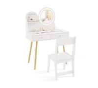 CostwayEnsemble de Coiffeuse pour Enfants avec Miroir Éclairé Table de Maquillage et Chaise avec Lumières Étagère Ouverte Crochets Blanc