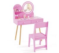 CostwayEnsemble de Coiffeuse pour Enfants avec Miroir Éclairé Table de Maquillage et Chaise avec Lumières Étagère Ouverte Crochets Rose