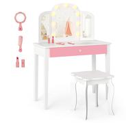 CostwayEnsemble de Coiffeuse pour Enfants Motif Princesse avec Miroir Détachable 3 Couleurs de Lumière Luminosité Réglable pour 3+ Ans Blanc