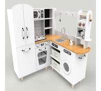 CostwayEnsemble de Cuisine d'Angle pour Enfants avec Réfrigérateur à Double Porte Machine à Café Lave-linge Bacs en Tissu pour 3+ Ans Gris