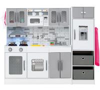 CostwayEnsemble de Cuisine en Bois avec Lumières et Sons Grande Cuisine Modulaire et Réfrigérateur Jouet avec Fonctionnalités pour 3 Ans+ Gris