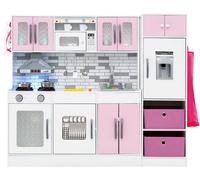 CostwayEnsemble de Cuisine en Bois avec Lumières et Sons Grande Cuisine Modulaire et Réfrigérateur Jouet avec Fonctionnalités pour 3 Ans+ Rose