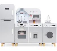 CostwayEnsemble de Cuisine pour 3 Ans+ Jouet de Cuisine 3 en 1 avec Réfrigérateur Machine à Laver Machine à Glaçons Evier Four Micro-ondes Gris