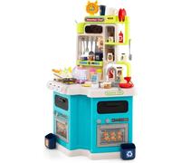 CostwayEnsemble de Cuisine pour Enfants Cuisine d'Angle avec Sons et Lumières Cuisinière à Vapeur Évier de Jeu et 75 Accessoires pour 3+ Ans Bleu