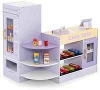CostwayEnsemble de Jeu de Supermarché en Bois Autoportant pour Enfants Tableau Noir Caisse Enregistreuse Distributeur Automatique pour 3 à 8 Ans Violet