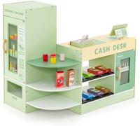 CostwayEnsemble de Jeu de Supermarché en Bois Autoportant pour Enfants Tableau Noir Caisse Enregistreuse Distributeur Automatique pour 3 à 8 Ans Vert