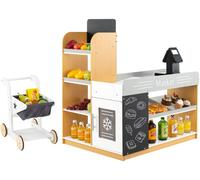 CostwayEnsemble de Jeu de Supermarché en Bois pour Enfant avec Chariot de Courses 2 Tableaux Noirs Caisse Enregistreuse pour Les 3+ Ans Multicoloré