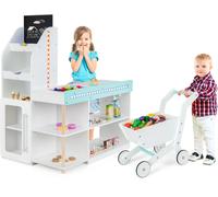 CostwayEnsemble de Jeu de Supermarché en Bois pour Enfants Epicerie de Jeu avec Caisse Enregistreuse Chariot Tableau Noir avec Lumières LED Blanc