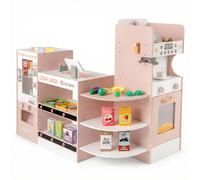 CostwayEnsemble de Jeu d'Epicerie pour Enfants Supermarché en Bois avec Distributeur Automatique Comptoir de Caisse pour 3+ Ans Rose