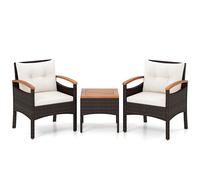 CostwayEnsemble de Meubles 3 Pièces de Patio en Rotin Charge 160KG Salon de Jardin 2 Fauteuils Table Basse avec Coussin Amovible pour Jardin Blanc