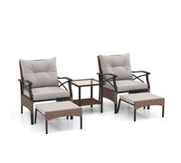 CostwayEnsemble de Meubles de Patio 5 Pièces Salon de Jardin en Rotin avec 2 Chaises 2 Poufs et 1 Table Basse Plateau en Verre Trempé Coussins Doux