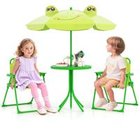 CostwayEnsemble de Pique-Nique 4 Pièces pour 3-6 Ans Table d'Activités avec 2 Chaises Pliantes et un Parasol Réglable en Hauteur Vert Clair