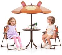 CostwayEnsemble de Pique-Nique 4 Pièces pour Enfants de 3-6 Ans Table d'Activités avec 2 Chaises Pliantes et un Parasol Réglable en Hauteur Marron