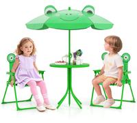 CostwayEnsemble de Pique-Nique 4 Pièces pour Enfants de 3 à 6 Ans Table d'Activités avec 2 Chaises Pliantes et un Parasol Réglable en Hauteur Vert