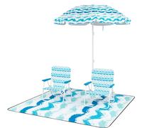 CostwayEnsemble de Plage 4 Pièces avec Parasol 2 Chaises Pliables et Tapis de Pique-nique avec Mécanisme d'inclinaison Sac de Transport Bleu