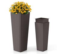 CostwayEnsemble de Pots à Plantes en Rotin Lot de 2 Grands Jardinières d'Extérieur avec Bacs Intérieurs Amovibles Trous de Drainage Café