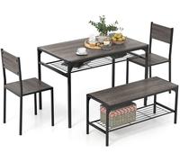 CostwayEnsemble de Salle à Manger 4 Pièces Table à Manger Industrielle Moderne avec 2 Chaises et Une Banquette pour 4 Personnes Mobilier de Cuisine Gris