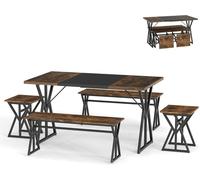 CostwayEnsemble de Salle à Manger 5 Pièces pour 4 à 6 Personnes Table de Cuisine Industrielle avec 2 Bancs et 2 Tabourets Marron Rustique