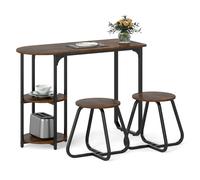 CostwayEnsemble de Salle à Manger Industriel 3 PCS Table de Cuisine en Bois et Métal & 2 Tabourets avec Étagères de Rangement Gain de Place Brun