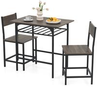 CostwayEnsemble de Salle à Manger pour 2 Personnes Ensemble de Table et Chaises Rectangulaires 3 Pièces avec Cadre en Métal Étagère Gris