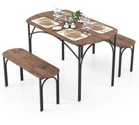 CostwayEnsemble de Table à Manger 3 PCS pour 4 Personnes Table Rectangulaire en bois de 120 cm et 2 Bancs Coins Arrondis Cadre en Métal Brun