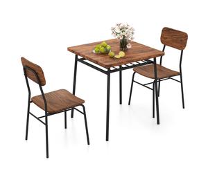 CostwayEnsemble de Table à Manger 3 Pièces Table de Cuisine Carrée avec Rangements et 2 Chaises Cadre en Métal Café