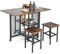CostwayEnsemble de Table à Manger Pliante 3 Pièces avec 2 Tabourets avec Roulettes Verrouillables 2 Étagères de Rangement en Treillis pour Bureau