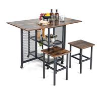 CostwayEnsemble de Table à Manger Pliante 3 Pièces avec 2 Tabourets avec Roulettes Verrouillables 2 Étagères de Rangement en Treillis pour Bureau