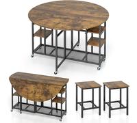 CostwayEnsemble de Table à Manger Pliante 3 Pièces Table de Cuisine avec Plateau 2 Tabourets Étagères de Rangement 6 Roues Universelles Naturel