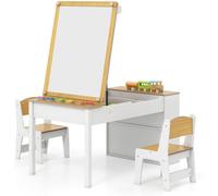 CostwayEnsemble de Table d'Art et Chaises 2-en-1 Table d'Activités avec Plateau Réglable Rouleau de Papier 6 Gobelets de Peinture Naturel
