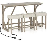 CostwayEnsemble de Table de Bar 4 Pièces avec Prise de Courant à Hauteur de Comptoir Tabourets Rembourrés Gris